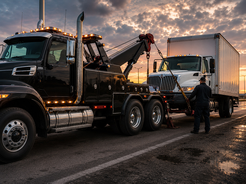 Fleet Towing Service Conroe TX commercial tow truck recovering a disabled fleet vehicle
