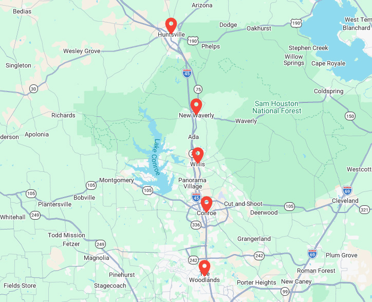 Service area map showing towing coverage across Conroe and surrounding Texas locations